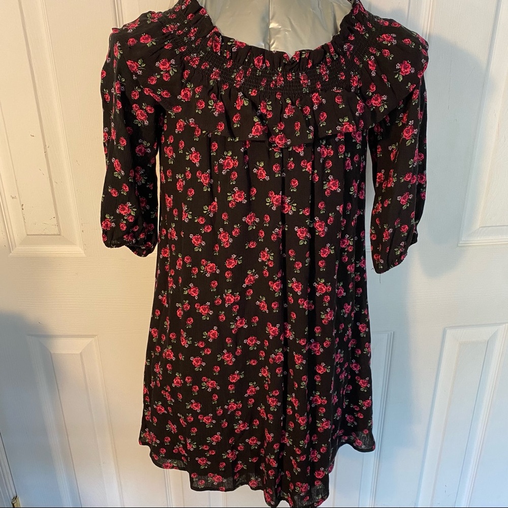 NEW! Black Floral Cloffsmock Dress Off Shoulder